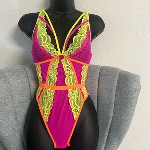 Vibrant Pink and Yellow Lace Bodysuit